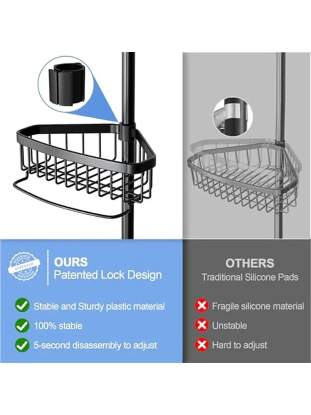 Corner Shower Caddy Tension Pole Adjustable Stainless Steel 4 Tier Basket Hooks